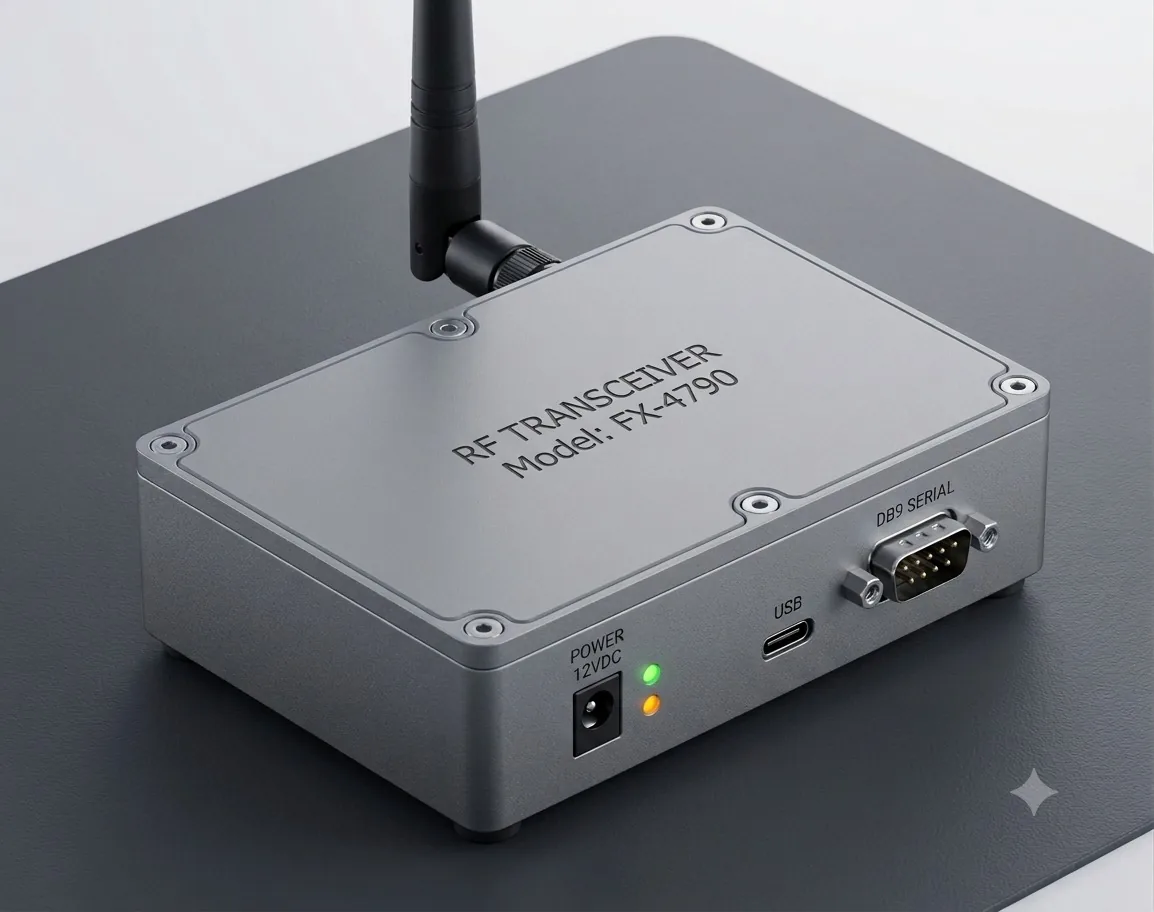 FX-4790 endüstriyel RF transceiver modülü: metal gövde, DB9 seri port, USB ve 12 VDC besleme girişi